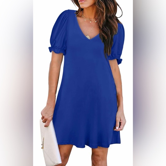 Dresses & Skirts - Casual Blue Puff Sleeve Dress w/ pockets